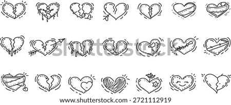 Hand drawn broken and healing heart doodle icon set featuring expressive black line sketches. This collection includes cracked, stitched, patched, and mended hearts symbolizing heartbreak, emotional pain, recovery, and love healing. Perfect for Valentine’s Day designs, mental health concepts, relationship themes, social media graphics, posters, cards, and creative projects. Clean outline style with no fill color, isolated on white background, suitable for modern, minimal, and emotional visual storytelling.