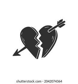 Hand drawn broken heart with arrow. Doodle sketch style. Drawing line simple broken heart icon. Isolated vector illustration.