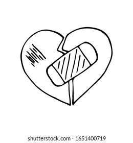 Hand drawn broken heart with a medical patch isolated on a white background. Medical elements, icons. Doodle, simple outline illustration. It can be used for decoration of textile, paper.