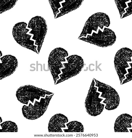 Hand drawn broken hearts seamless pattern in chalk on white background	