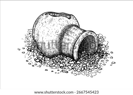 Hand drawn broken vase on pebbles. Vector illustration