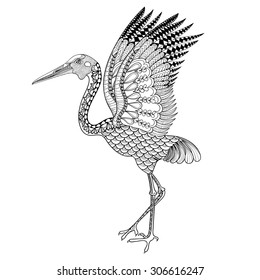 Hand drawn Brolga, Australian crane illustration for anti stress Coloring Page with high details isolated on white background, in zentangle style. Vector monochrome totem sketch. Bird collection.