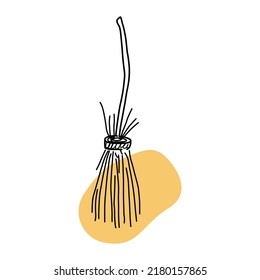 Hand drawn broom doodle style, vector illustration isolated on white background. Cleaning tool or decorative element for witch party costume, black lines