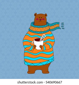 Hand drawn brown bear wearing scarf