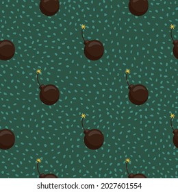 Las bombas de color marrón dibujadas a mano dan forma a un patrón sin fisuras. El fondo verde salpicado. Ornamento de peligro cómico. Perfecto para el diseño de tela, impresión textil, envoltura, cubierta. Ilustración vectorial.