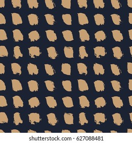 Hand drawn brown brushes on dark blue background. Abstract spotted seamless pattern. Naive minimalistic design. Vector illustration.