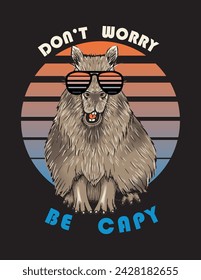 Hand drawn brown Capybara with open mouth and sunglasses. Slogan don't worry be capy. Vector illustration.