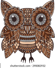 Hand drawn brown colorful vector doodle owl illustration