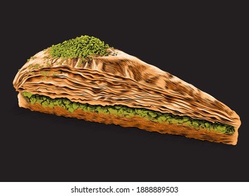 Hand drawn brown and green crispy pistachio carrot slice baklava vector illustration on black background. Havuç dilim baklava with its traditional name.