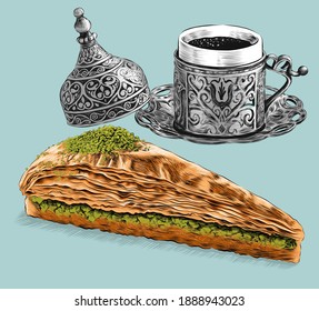 Ilustración de pistacho rajado a mano crujiente y verde zanahoria baklava y café turco vector ilustración. Havuç dilim baklava con su nombre tradicional.