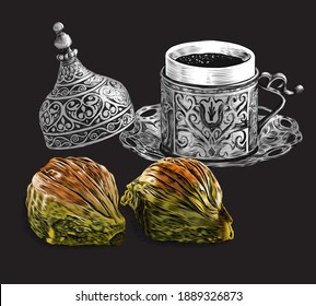 Músculo pistachio de color marrón y verde dibujado a mano de forma baklava y la ilustración del vector de café turco sobre fondo negro. Midye baklava con su nombre tradicional.