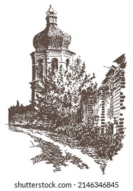 Hand drawn brown ink and pen sketch landscape of bell tower and surrounding wall of the monastery in Chernihiv. Vector autotrace
