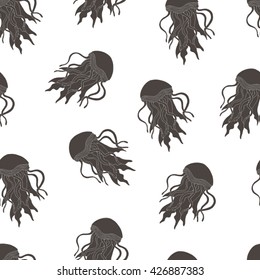 Hand drawn brown jellyfishes on a white background. Vector seamless pattern
