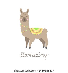 Hand drawn brown llama with patterned fringed blanket. Cute furry llama or alpaca animal vector illustration with writing llamazing. Isolated.