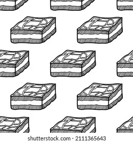 Hand drawn brownies on a white background. Vector drawing. Seamless pattern. Seamless wallpaper. Bakery logo. Decorate the packaging box.