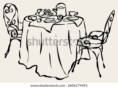 Hand drawn brunch table. Illustration for invitations, stationery, or branding. Dinner icon for party invitations.