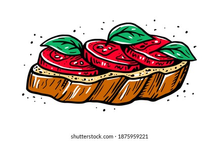 Hand drawn bruschetta illustration. Italian vegan snack with tomato and basil
