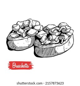 Hand Drawn Bruschetta. Italian Antipasto With Tomato, Basil, Salmon. Starter Dish. Lunch Menu. Vector Illustration