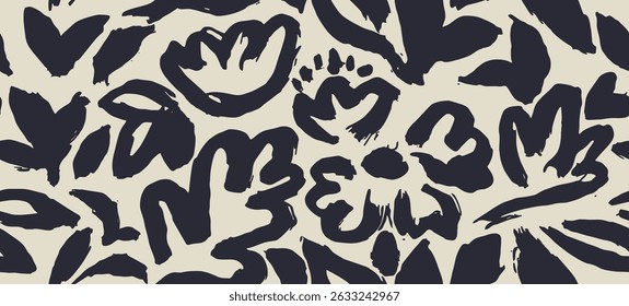 Hand drawn brush abstract silhouette contemporary floral shape seamless pattern. black hand drawn bush leaves and flower pattern background.
