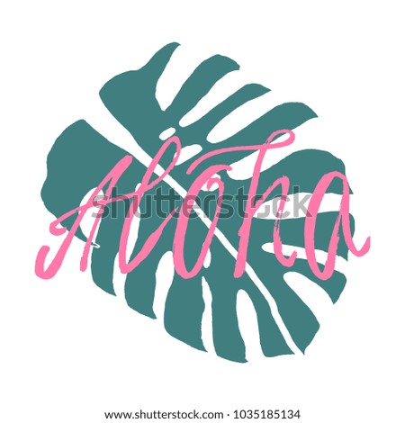Hand Drawn Brush Aloha saying in Hawaiian with Monstera plant leaf isolated on white. 