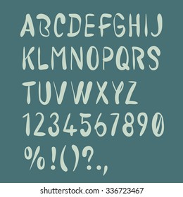 Hand drawn brush alphabet. Uppercase, numbers, punctuation. Handwritten font.