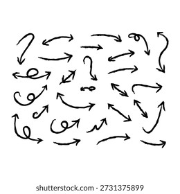 Hand drawn brush arrow doodle set with swirly and curved designs