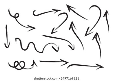 hand drawn brush Arrows Set. arrow icon with various directions. Doodle vector illustration. isolated on a white background