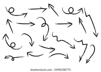 Handgezeichneter Pinsel Pfeilsatz. Pfeilsymbol mit verschiedenen Richtungen. Doodle, Vektorgrafik. einzeln auf weißem Hintergrund