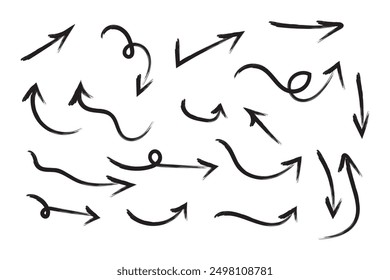 Pincel dibujado a mano Flechas. Icono de flecha con varias direcciones. Ilustración vectorial de Doodle. aislado en un fondo blanco