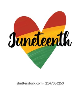 Hand drawn with brush artistic grunge textured heart in colors of Pan African flag - red, yellow, green. Cute Juneteenth greeting card design