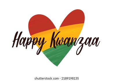 Hand drawn with brush artistic grunge textured heart in colors of Pan African flag - red, yellow, green. African American flag colored greeting card with script lettering - Happy Kwanzaa.