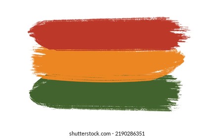 Hand drawn brush artistic grunge textured Pan-African flag - red, yellow, green horizontal bands. African American flag vector template background for Kwanzaa, Black History Month, Juneteenth.