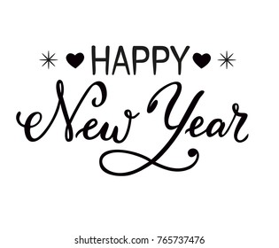 Hand drawn brush calligraphy lettering of Happy New Year isolated on a white background with hearts and snowflakes as decoration for poster, banner, postcard, greeting card or sticker