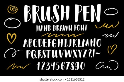 Hand drawn brush calligraphy vector ABC letters, figures and strokes on black background. Artistic brush pen font. Beautiful typeface for your design.