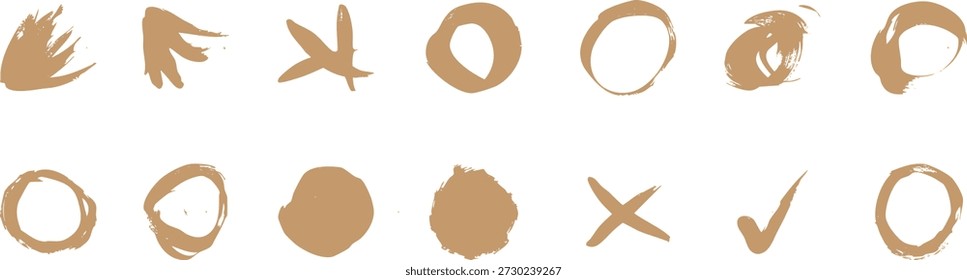 Círculo de pincel dibujado a mano y marca en estilo de pintura natural. Trazos orgánicos, anillos, cruces y marcas de verificación con tacto de tinta texturizada. Elementos artísticos ideales para logotipos, marcas, aspectos destacados y diseño creativo.
