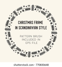 Hand drawn brush with corner tiles in Scandinavian style. Round holiday frame. Seamless design for Christmas frames, borders, dividers, greeting cards. Brush included in eps. Vector illustration.