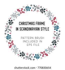 Hand drawn brush with corner tiles in Scandinavian style. Round holiday frame. Seamless design for Christmas frames, borders, dividers, greeting cards. Brush included in eps. Vector illustration.