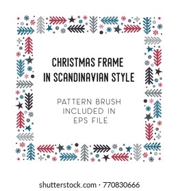 Hand drawn brush with corner tiles in Scandinavian style. Square holiday frame. Seamless design for Christmas frames, borders, dividers, greeting cards. Brush included in eps. Vector illustration.