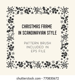 Hand drawn brush with corner tiles in Scandinavian style. Square holiday frame. Seamless design for Christmas frames, borders, dividers, greeting cards. Brush included in eps. Vector illustration.