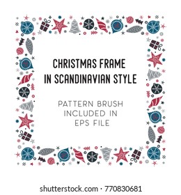 Hand drawn brush with corner tiles in Scandinavian style. Square holiday frame. Seamless design for Christmas frames, borders, dividers, greeting cards. Brush included in eps. Vector illustration.