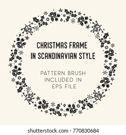 Hand drawn brush with corner tiles in Scandinavian style. Round holiday frame. Seamless design for Christmas frames, borders, dividers, greeting cards. Brush included in eps. Vector illustration.
