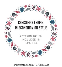 Hand drawn brush with corner tiles in Scandinavian style. Round holiday frame. Seamless design for Christmas frames, borders, dividers, greeting cards. Brush included in eps. Vector illustration.
