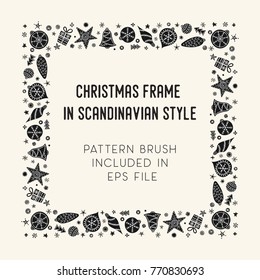 Hand drawn brush with corner tiles in Scandinavian style. Square holiday frame. Seamless design for Christmas frames, borders, dividers, greeting cards. Brush included in eps. Vector illustration.