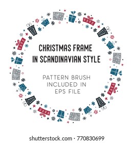 Hand drawn brush with corner tiles in Scandinavian style. Round holiday frame. Seamless design for Christmas frames, borders, dividers, greeting cards. Brush included in eps. Vector illustration.