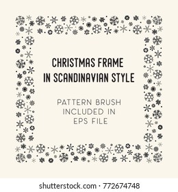 Hand drawn brush with corner tiles in Scandinavian style. Square holiday frame. Design for Christmas frames, borders, dividers, greeting cards. Brush included in eps. Vector illustration.