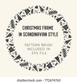 Hand drawn brush with corner tiles in Scandinavian style. Round holiday frame. Design for Christmas frames, borders, dividers, greeting cards. Brush included in eps. Vector illustration.