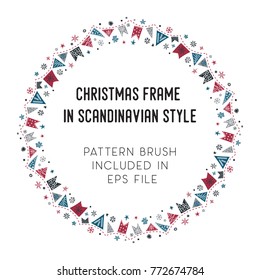 Hand drawn brush with corner tiles in Scandinavian style. Round holiday frame. Design for Christmas frames, borders, dividers, greeting cards. Brush included in eps. Vector illustration.