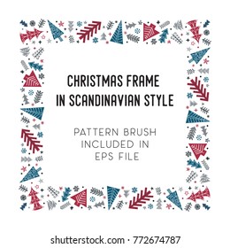 Hand drawn brush with corner tiles in Scandinavian style. Square holiday frame. Design for Christmas frames, borders, dividers, greeting cards. Brush included in eps. Vector illustration.