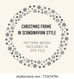 Hand drawn brush with corner tiles in Scandinavian style. Round holiday frame. Design for Christmas frames, borders, dividers, greeting cards. Brush included in eps. Vector illustration.