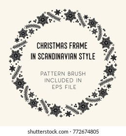 Hand drawn brush with corner tiles in Scandinavian style. Round holiday frame. Design for Christmas frames, borders, dividers, greeting cards. Brush included in eps. Vector illustration.